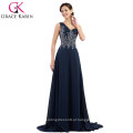 Grace Karin Chiffon One Shoulder Heavy Beaded Long Vestido de noite azul marinho CL4506-2